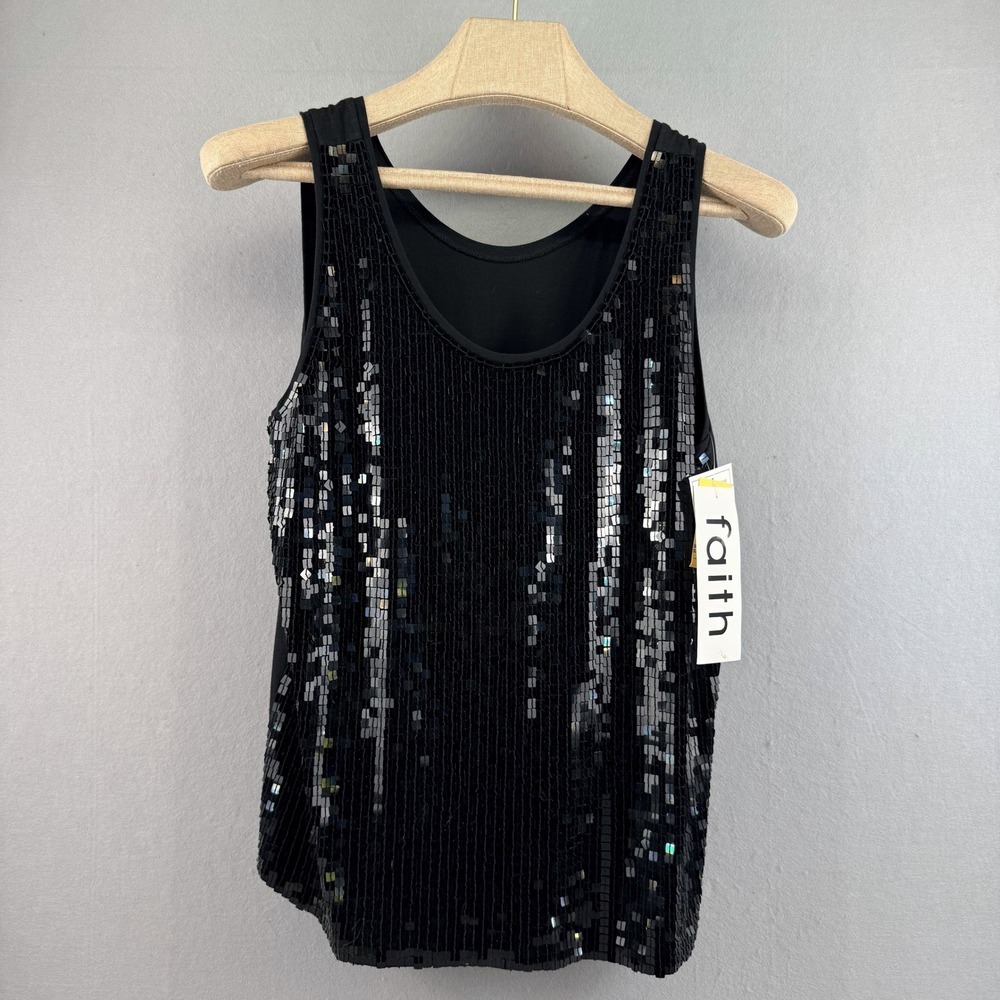 Faith Nordstrom Black Sequin Front Sleeveless Tank Top XL 5B3114 Party‎ Wear